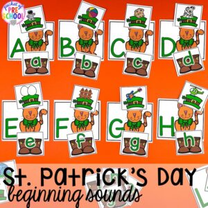 St. Patrick's Day letter and beginning sound matching game! Plus St. Patrick's Day centers and activities (math, literacy, writing, sensory, fine motor, art, STEM, blocks, science) and FREE ten frame shamrock cards for preschool, pre-k, and kindergarten.