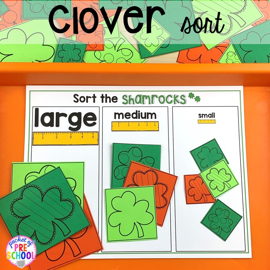 Clover sorting game! Plus St. Patrick's Day centers and activities (math, literacy, writing, sensory, fine motor, art, STEM, blocks, science) and FREE ten frame shamrock cards for preschool, pre-k, and kindergarten.