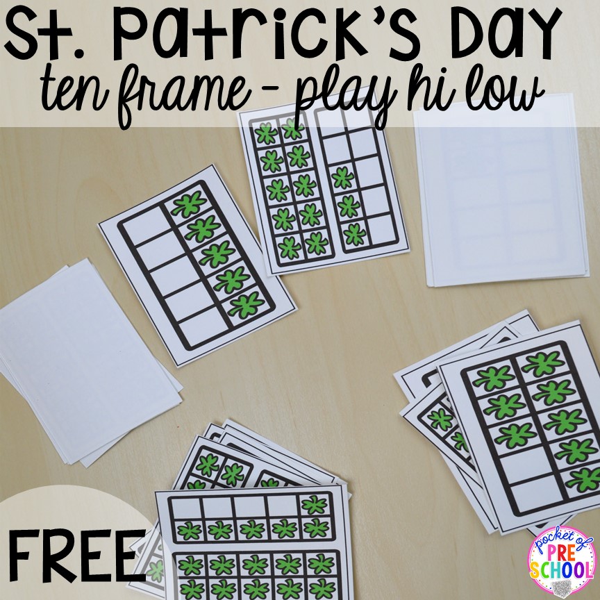 FREE St. Patrick's Day ten game cards. Plus St. Patrick's Day centers and activities (math, literacy, writing, sensory, fine motor, art, STEM, blocks, science) and FREE ten frame shamrock cards for preschool, pre-k, and kindergarten.