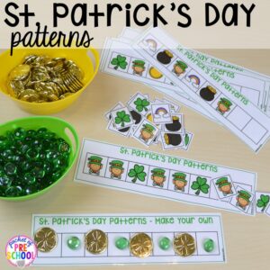 St. Patrick's Day patterns! Plus St. Patrick's Day centers and activities (math, literacy, writing, sensory, fine motor, art, STEM, blocks, science) and FREE ten frame shamrock cards for preschool, pre-k, and kindergarten.