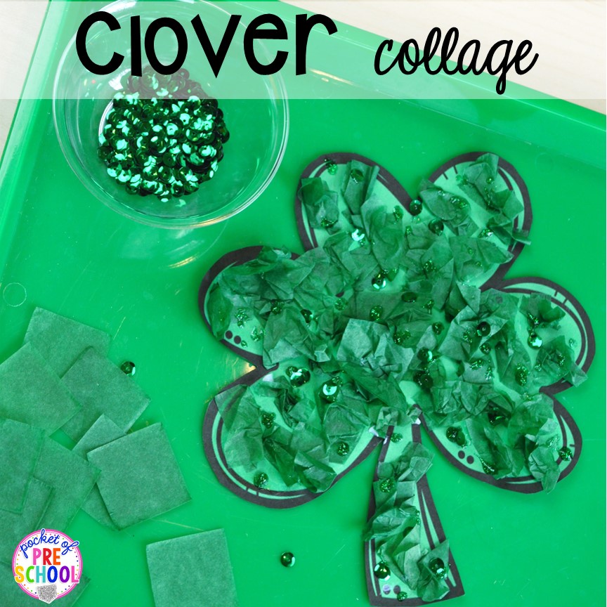 Fine motor clover collage craft! Plus St. Patrick's Day centers and activities (math, literacy, writing, sensory, fine motor, art, STEM, blocks, science) and FREE ten frame shamrock cards for preschool, pre-k, and kindergarten.
