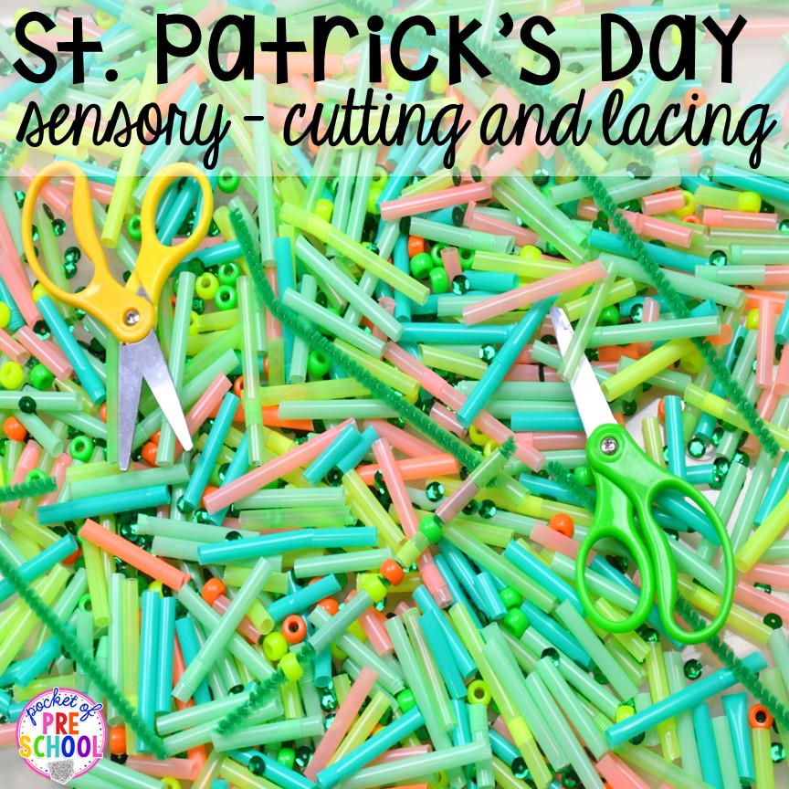 St. Patrick's Day sensory tub! Plus St. Patrick's Day centers and activities (math, literacy, writing, sensory, fine motor, art, STEM, blocks, science) and FREE ten frame shamrock cards for preschool, pre-k, and kindergarten.