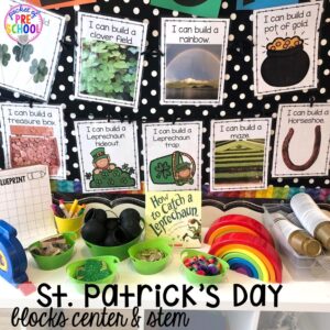 St. Patrick's Day blocks props! Plus St. Patrick's Day centers and activities (math, literacy, writing, sensory, fine motor, art, STEM, blocks, science) and FREE ten frame shamrock cards for preschool, pre-k, and kindergarten.