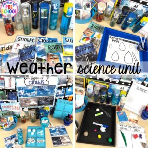 Explore weather at the science table with weatehr sesory bottles and weatehr sorts.