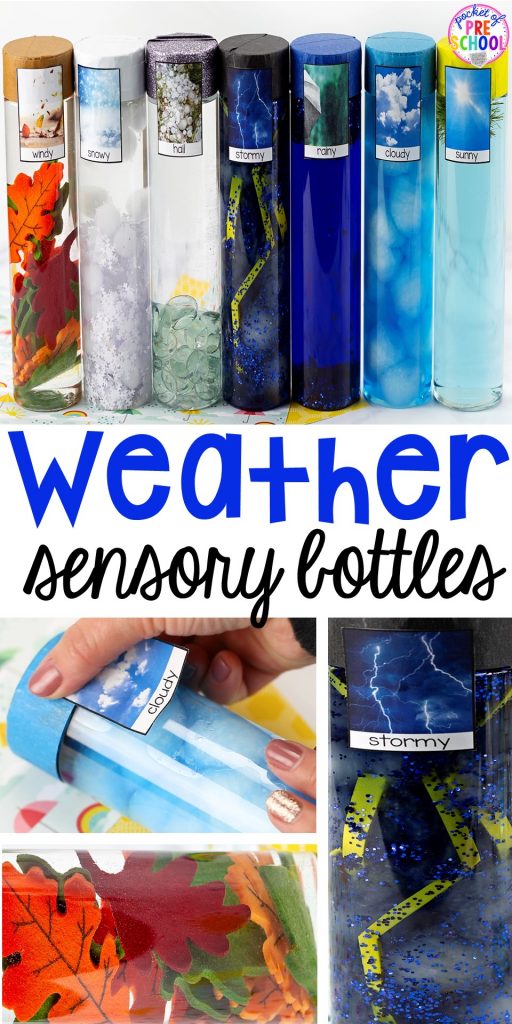 Weather sensory bottles is af fun way to explore the weather inside and FREE weather photo labels. #weathertheme #preschool #prek #toddler #sensorybottles