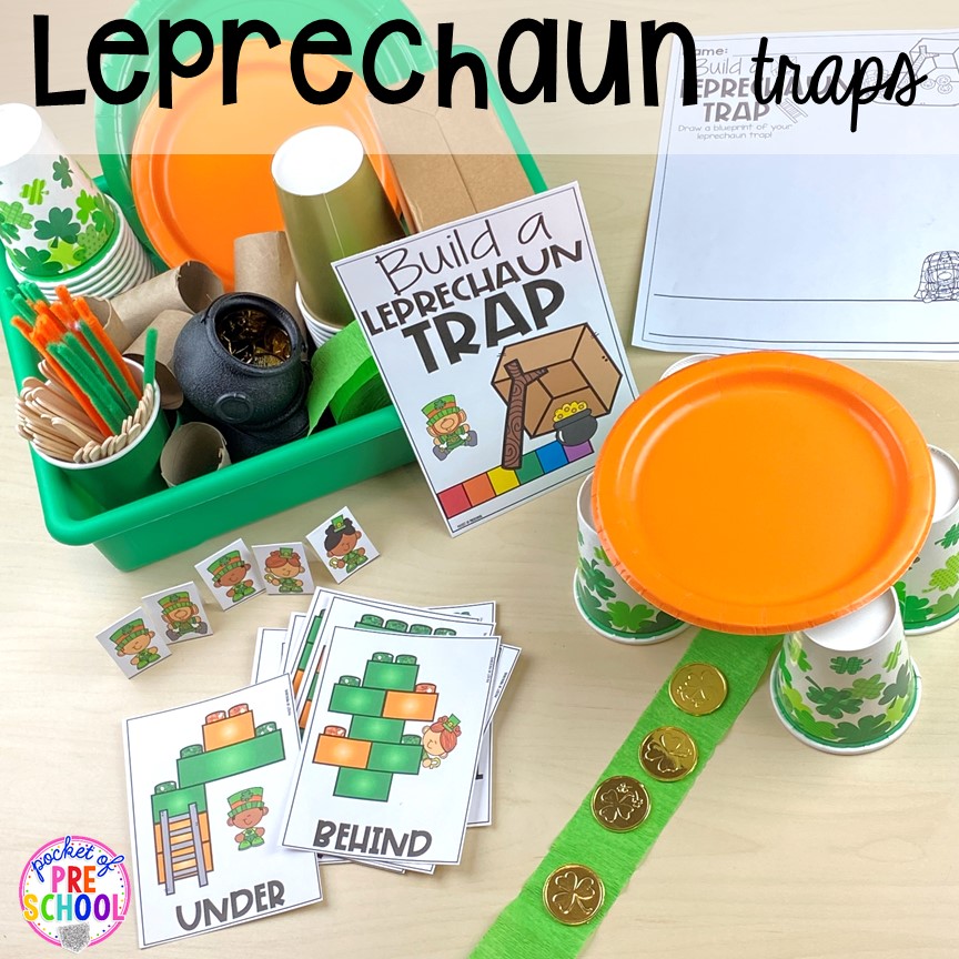 Leprechaun trap and positional words activity! Plus St. Patrick's Day centers and activities (math, literacy, writing, sensory, fine motor, art, STEM, blocks, science) and FREE ten frame shamrock cards for preschool, pre-k, and kindergarten.