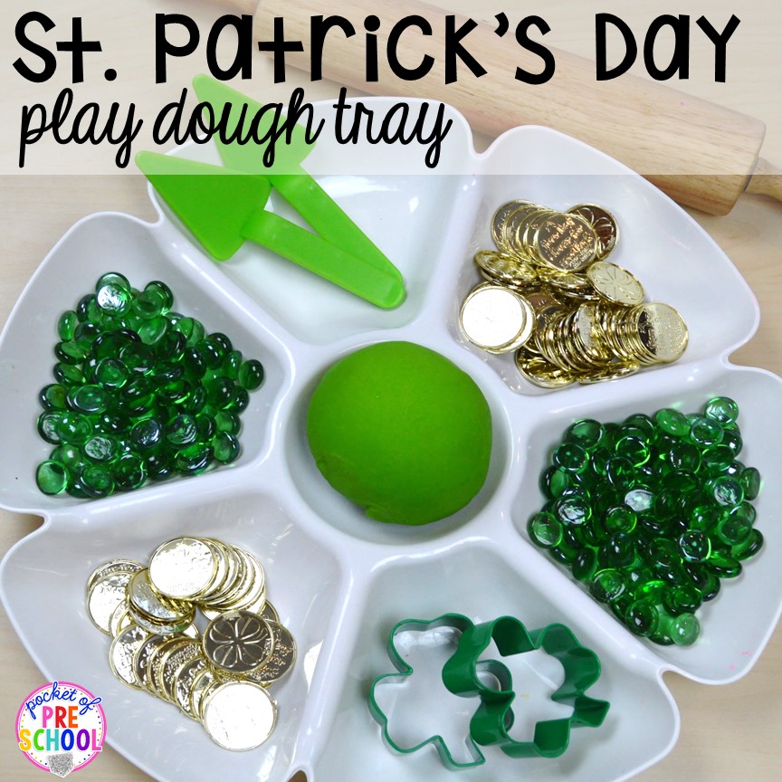 St. Patrick's Day play dough tray! Plus St. Patrick's Day centers and activities (math, literacy, writing, sensory, fine motor, art, STEM, blocks, science) and FREE ten frame shamrock cards for preschool, pre-k, and kindergarten.