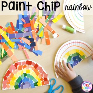 Rainbow cutting paper plate craft with paint chips! Plus St. Patrick's Day centers and activities (math, literacy, writing, sensory, fine motor, art, STEM, blocks, science) and FREE ten frame shamrock cards for preschool, pre-k, and kindergarten.