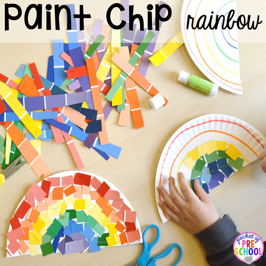 Rainbow cutting paper plate craft with paint chips! Plus St. Patrick's Day centers and activities (math, literacy, writing, sensory, fine motor, art, STEM, blocks, science) and FREE ten frame shamrock cards for preschool, pre-k, and kindergarten.