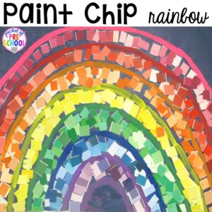 Giant paint chip rainbow activity! Plus St. Patrick's Day centers and activities (math, literacy, writing, sensory, fine motor, art, STEM, blocks, science) and FREE ten frame shamrock cards for preschool, pre-k, and kindergarten.