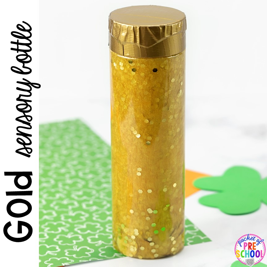 Gold coin sensory bottle! St. Patrick's Day sensory bottles (gold coins, clovers, and rainbow letters) to help students calm down, observe (science), and learn letters. #preschool #prek #toddler #sensorybottles