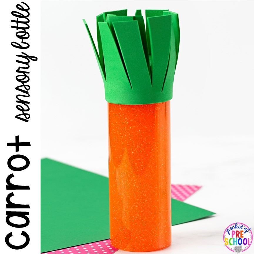 Carrot sensory bottle! Plus Easter sensory bottles for an Easter theme (bunny, carrot, and egg hunt)! #preschool #toddler #prek #sensorybottles #eastertheme