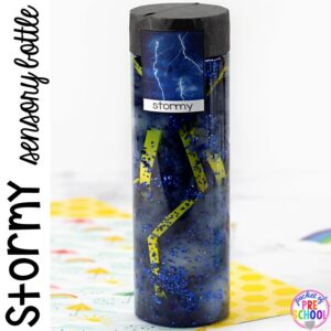 Stormy! Weather sensory bottles is af fun way to explore the weather inside and FREE weather photo labels. #weathertheme #preschool #prek #toddler #sensorybottles