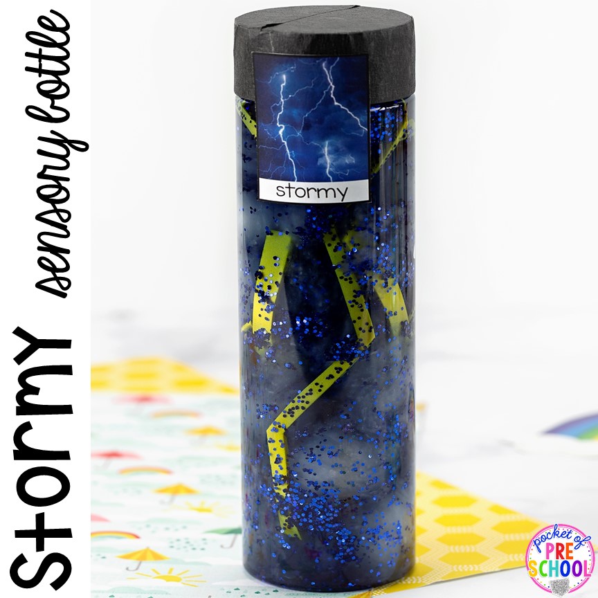 Stormy! Weather sensory bottles is af fun way to explore the weather inside and FREE weather photo labels. #weathertheme #preschool #prek #toddler #sensorybottles