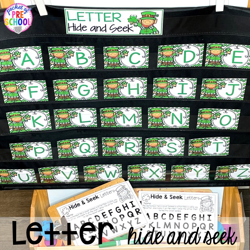 St. Patrick's Day letter hide and seek! Plus St. Patrick's Day centers and activities (math, literacy, writing, sensory, fine motor, art, STEM, blocks, science) and FREE ten frame shamrock cards for preschool, pre-k, and kindergarten.