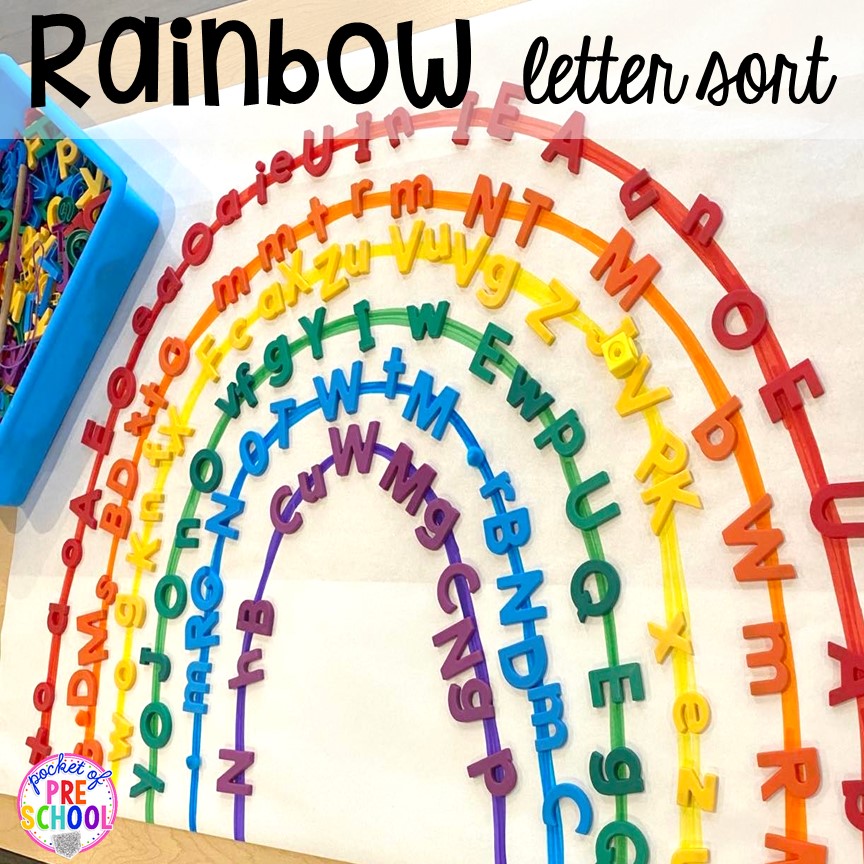 Rainbow letter sort! Plus St. Patrick's Day centers and activities (math, literacy, writing, sensory, fine motor, art, STEM, blocks, science) and FREE ten frame shamrock cards for preschool, pre-k, and kindergarten.