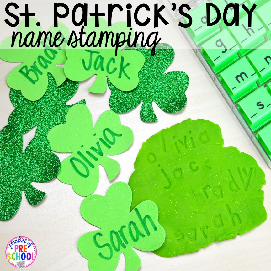 Shamrock name stamping activity! Plus St. Patrick's Day centers and activities (math, literacy, writing, sensory, fine motor, art, STEM, blocks, science) and FREE ten frame shamrock cards for preschool, pre-k, and kindergarten.