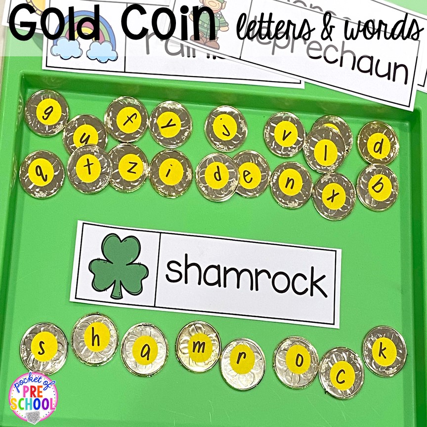Gold coin letters and word making! Plus St. Patrick's Day centers and activities (math, literacy, writing, sensory, fine motor, art, STEM, blocks, science) and FREE ten frame shamrock cards for preschool, pre-k, and kindergarten.