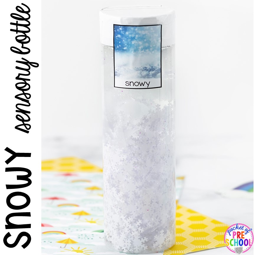 Snowy! Weather sensory bottles is af fun way to explore the weather inside and FREE weather photo labels. #weathertheme #preschool #prek #toddler #sensorybottles
