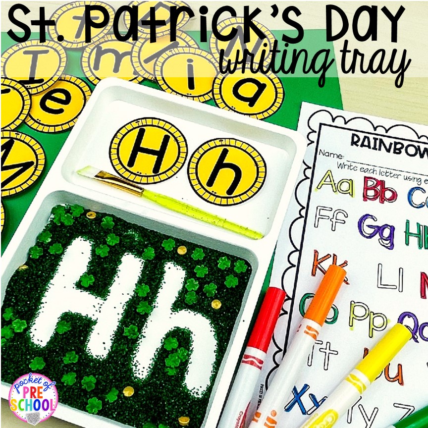 St. Patrick's Day sensory writing tray!Plus St. Patrick's Day centers and activities (math, literacy, writing, sensory, fine motor, art, STEM, blocks, science) and FREE ten frame shamrock cards for preschool, pre-k, and kindergarten.