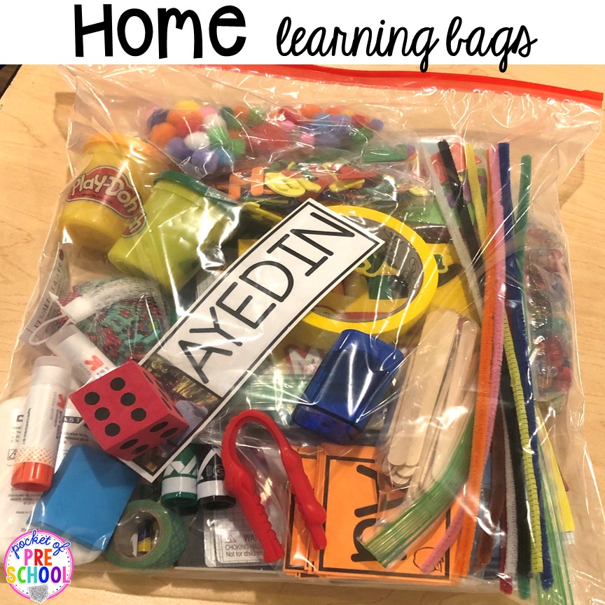How to make Take home learning bags to keep students learning through PLAY at home. Made for preschool, pre-k, and kindergarten. #preschool #prek 