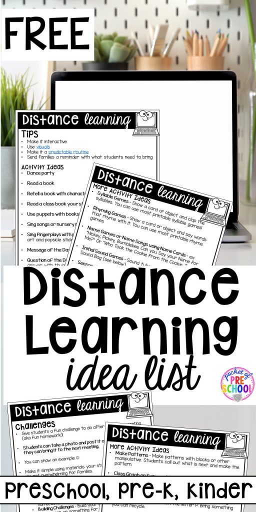 FREE printable list of activties you can do for distance learning or on video conferences with preschool, pre-k, and kindergarten.