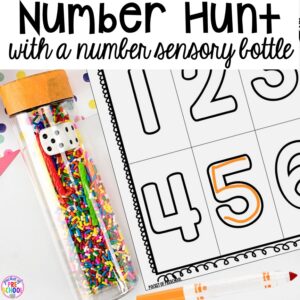 How to make number sesnory bottles and FREE Number Hunts! Fun number recognition game for preschool, pre-k and kindergarten.