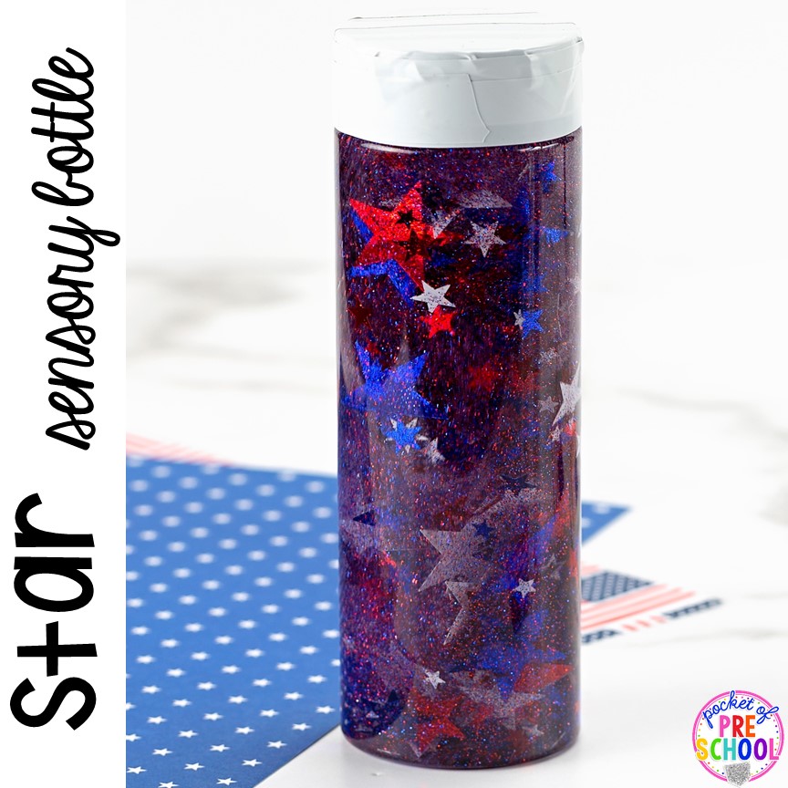 How to make a star sensory bottle perfect for the 4th of July, President's Day, election time, or an American Symbols unit with yoru preschool, pre-k, or toddler class.