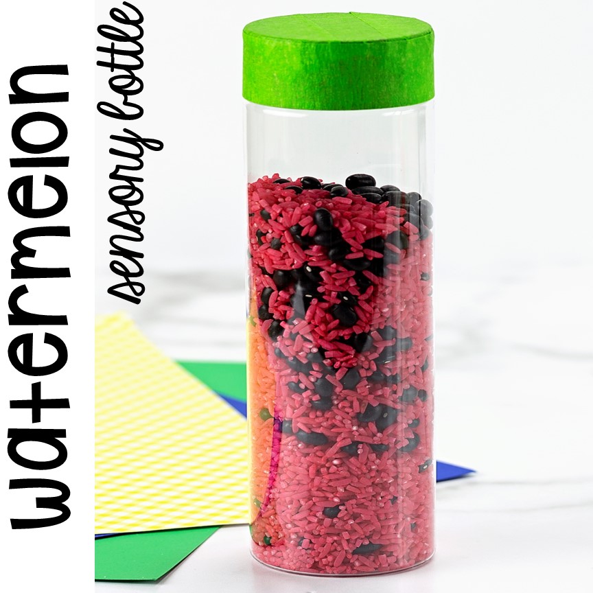 How to make a watermelon sensory bottle for summer! Put in the science center, calm down spot, or safe place for students to explore. My preschool and todders LOVE them!