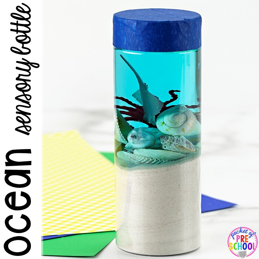 How to make an ocean sensory bottle for summer or an ocean theme! Put in the science center, calm down spot, or safe place for students to explore. My preschool and todders LOVE them!