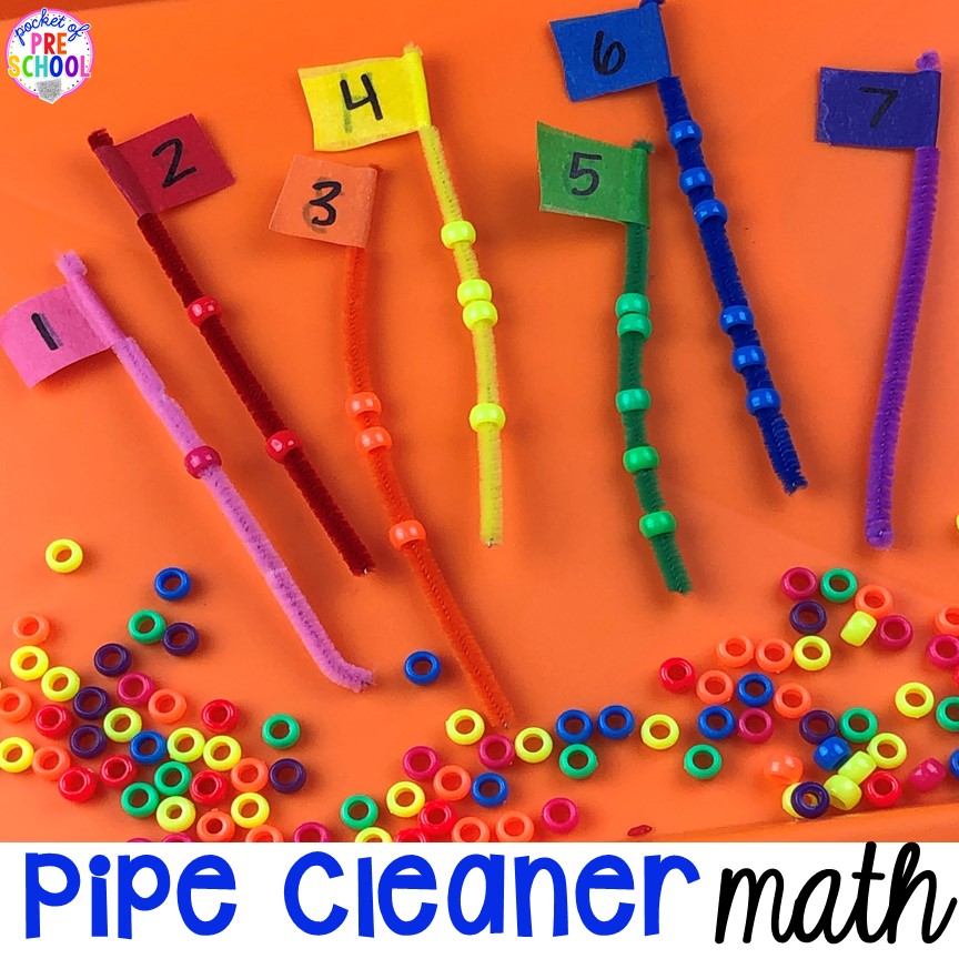 Pipe Cleaner Math - counting, making patterns, or adding! Low prep and fine motor fun for preschool, pre-k, and kindergarten.