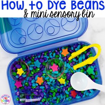 How to dye beans for sesnory plan and make mini sensory bins with pencil boxes. Just right fo rpreschool, pre-k, and kindergarten!