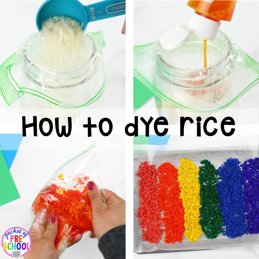 How to dye rice for sesnory plan and make mini sensory bins with pencil boxes. Just right fo rp reschool, pre-k, and kindergarten!