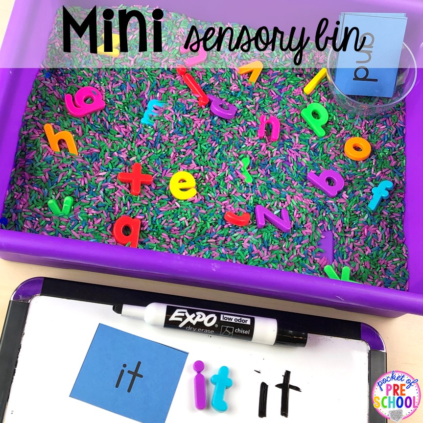 Word work sensory bin! How to dye rice for sesnory plan and make mini sensory bins with pencil boxes. Just right fo rp reschool, pre-k, and kindergarten!
