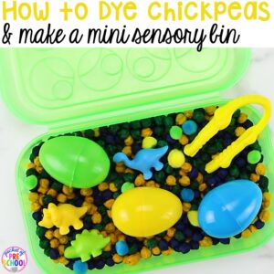 How to dye chickpeas (aka garbanzo beans) and create a mini color mathicng sensory bin using a pencil box. Created for preschool, pre-k, and kindergarten.)