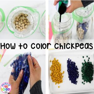How to dye chickpeas (aka garbanzo beans) and create a mini color mathicng sensory bin using a pencil box. Created for preschool, pre-k, and kindergarten.)
