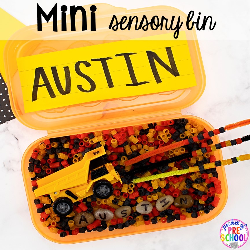 How to dye noodles for sensory play and ideas to make a mini name sensory bin! Perfect for preschool, pre-k, and kindergarten.