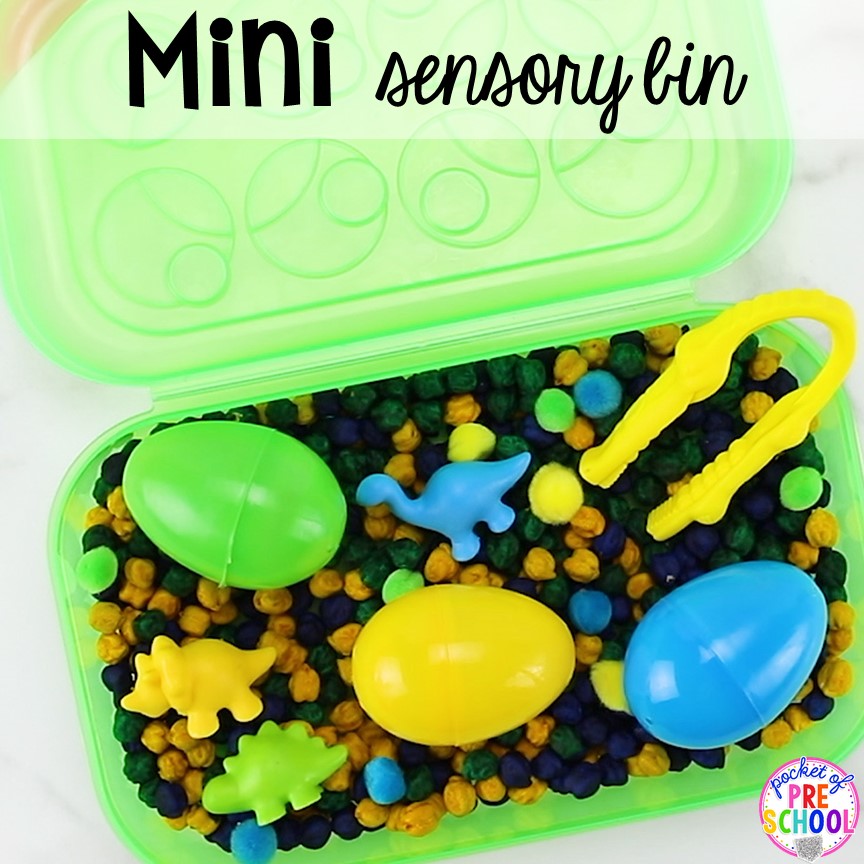 Dino sensory bin! How to dye chickpeas (aka garbanzo beans) and create a mini color mathicng sensory bin using a pencil box. Created for preschool, pre-k, and kindergarten.)