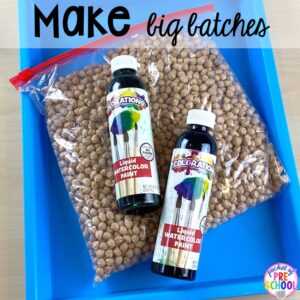 How to dye chickpeas (aka garbanzo beans) with liquid watercolor and create a mini color mathicng sensory bin using a pencil box. Created for preschool, pre-k, and kindergarten.)