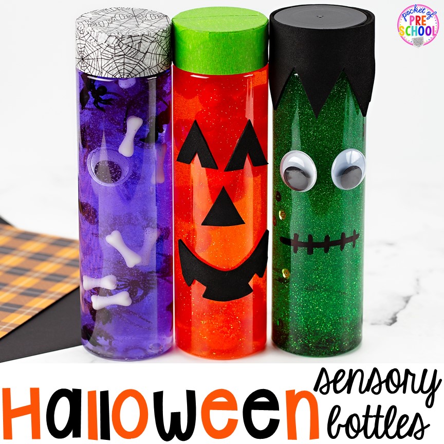 How to make Halloween sensory bottles! Fun for the science or calm down center. in a preschool, pre-k, or toddler classroom.