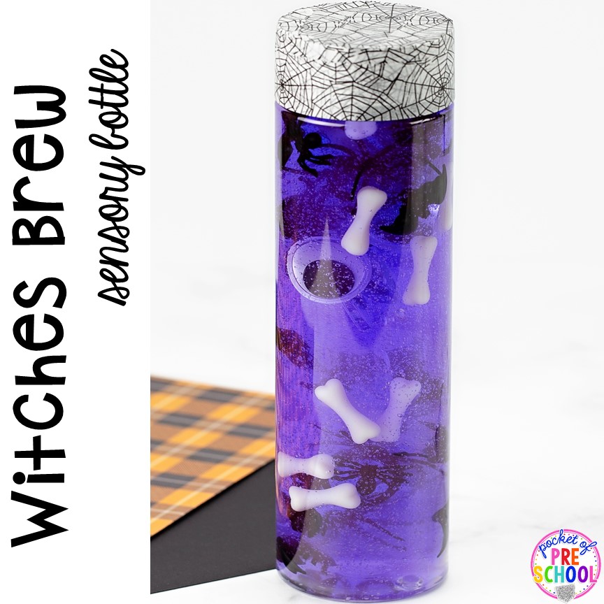 How to make witches brew Halloween sensory bottles! Fun for the science or calm down center. in a preschool, pre-k, or toddler classroom.