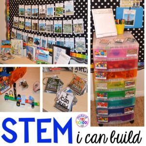STEM center ideas and freebies for a preschool, pre-k, and kindergarten classroom.