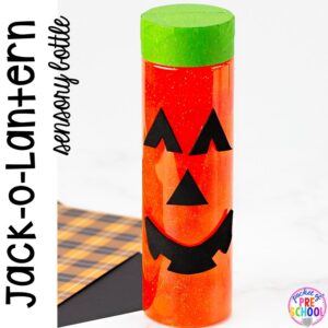 How to make Jack-O-Lantern Halloween sensory bottles! Fun for the science or calm down center. in a preschool, pre-k, or toddler classroom.
