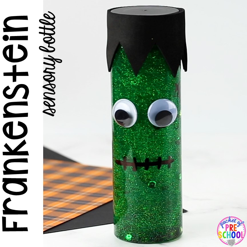 How to make Frankenstein Halloween sensory bottles! Fun for the science or calm down center. in a preschool, pre-k, or toddler classroom.