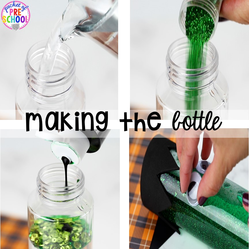 How to make Halloween sensory bottles! Fun for the science or calm down center. in a preschool, pre-k, or toddler classroom.
