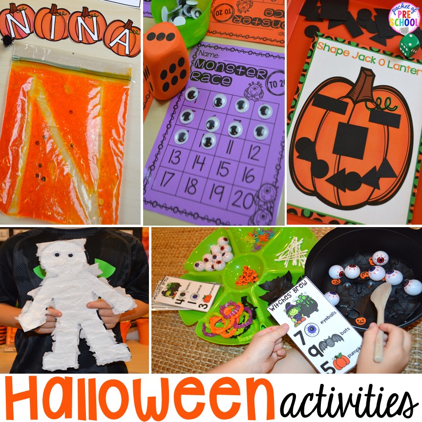 Halloween themed activties for preschool and kindergarten classrooms.