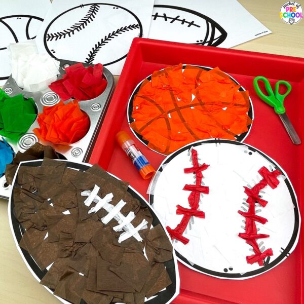 Have a sports theme in your preschool, pre-k, or kindergarten classroom while learning math and literacy skills.