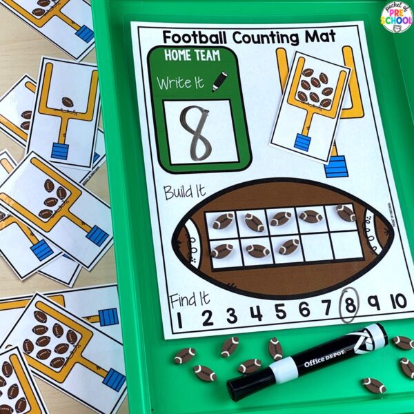 Have a sports theme in your preschool, pre-k, or kindergarten classroom while learning math and literacy skills.