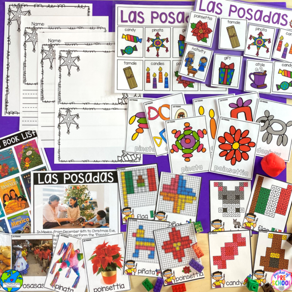 Have a holidays around the world theme in your preschool, pre-k, or kindergarten classroom while learning math and literacy skills.