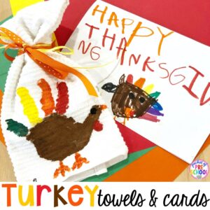Tips to make turkey handprint towels for Thanksgiving parent gifts and kid made Thanksgiving cards for the holidays. Perfect for perschool, pre-k, and kindergarten.